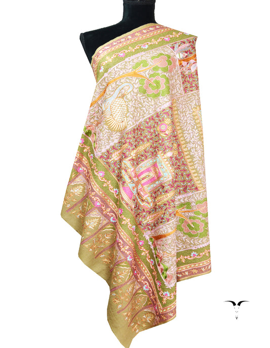 natural and green kalamkari Pashmina shawl 8639