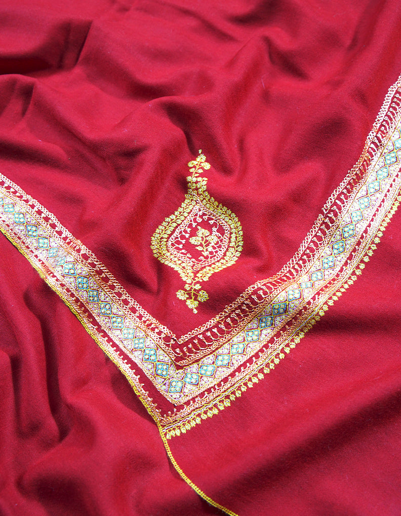 crimson red tilla embroidery Pashmina shawl 8707