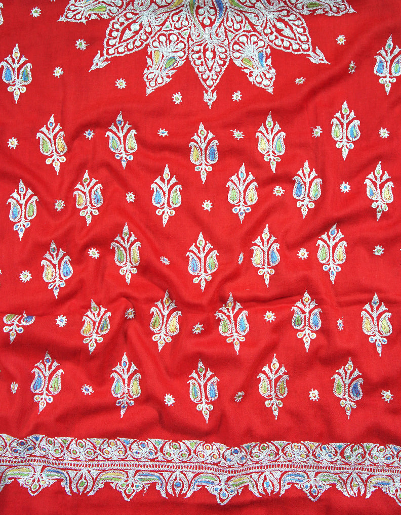 red tilla booti embroidery Pashmina shawl 8717