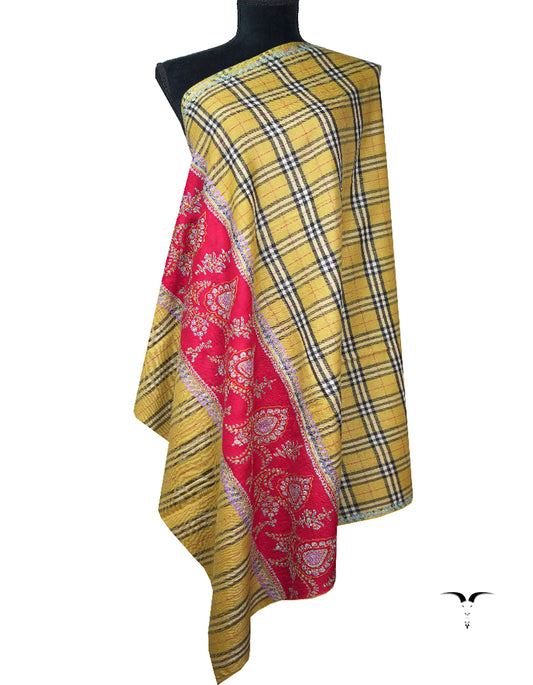 mustard and imperial red check striped embroidery pashmina shawl 8747