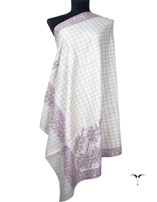 off-white creamy checkered embroidery pashmina shawl 8753