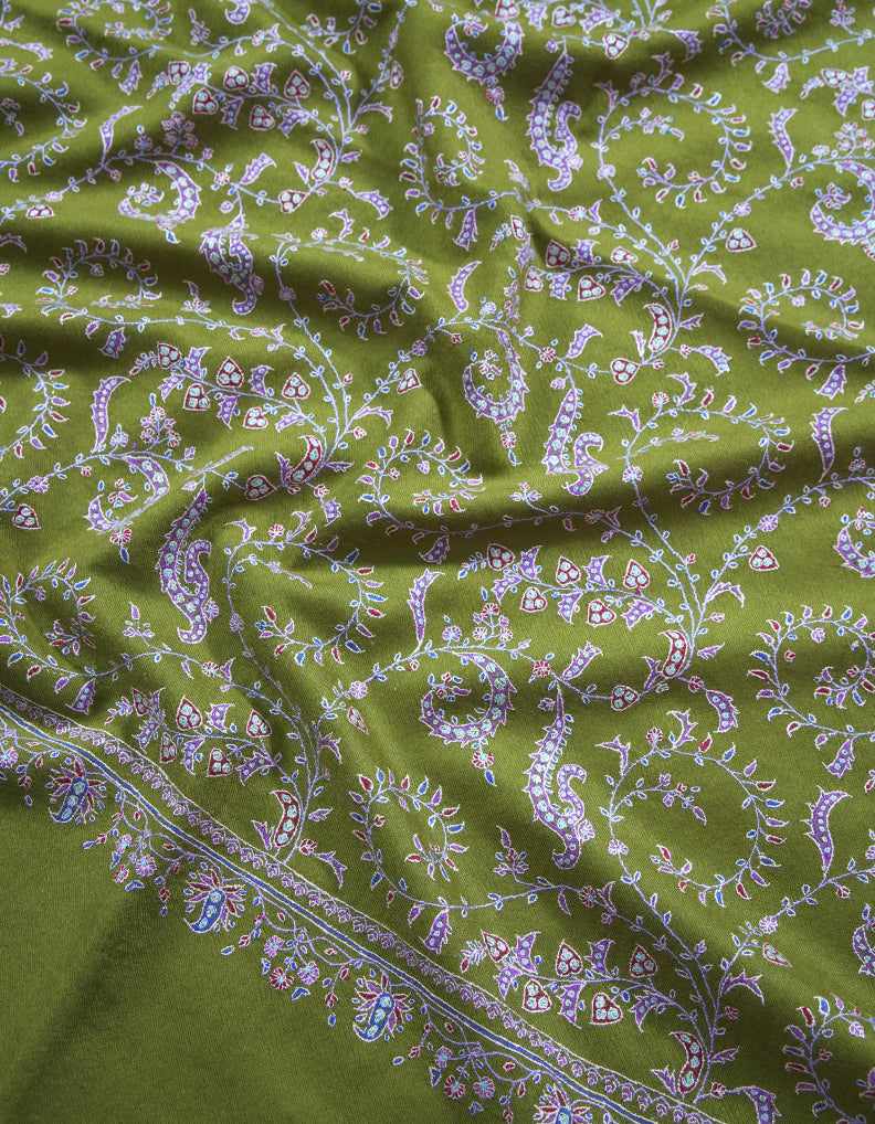 olive green embroidery pashmina shawl 8777