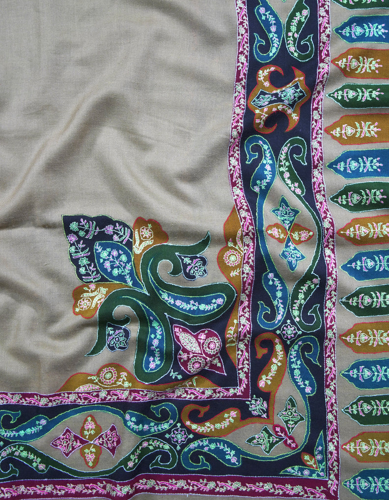 mellow natural base multi-colored embroidery pashmina shawl 8784