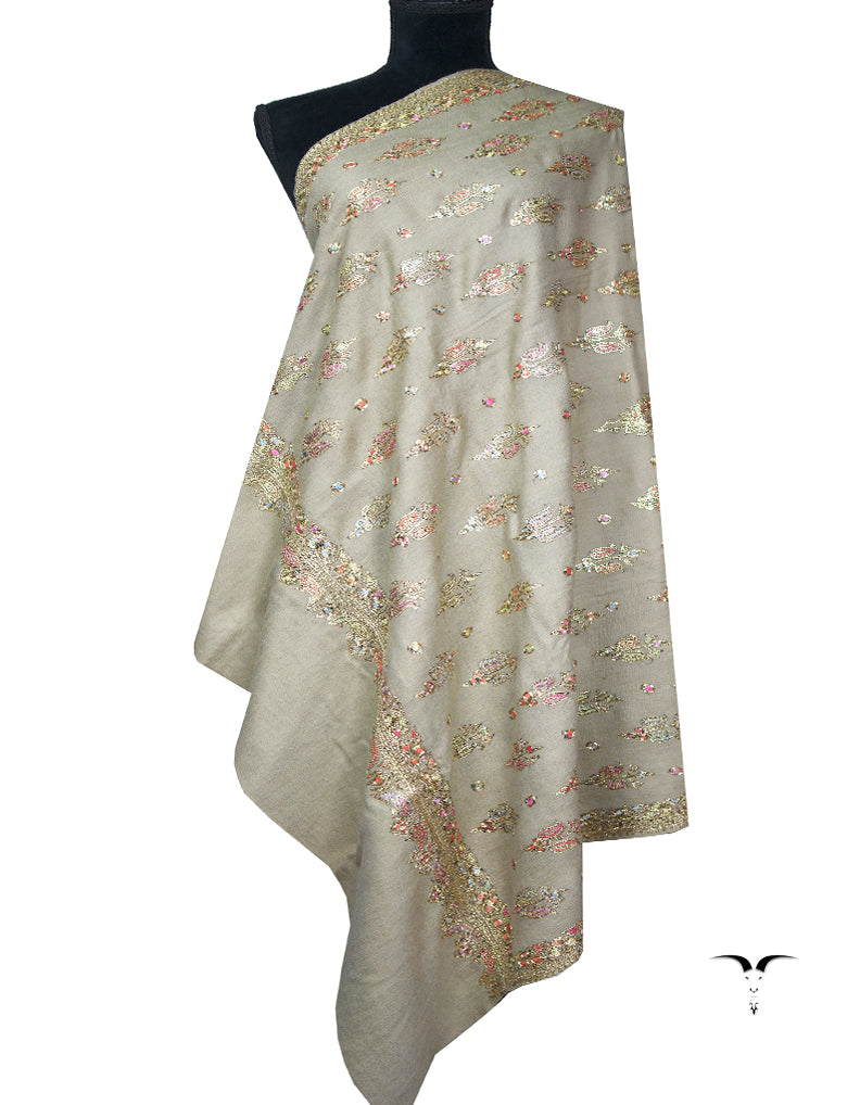 ecru natural tilla embroidery pashmina shawl 8847