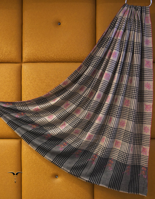 black and natural checked and striped men"s butis silk embroidery pashmina shawl 8877