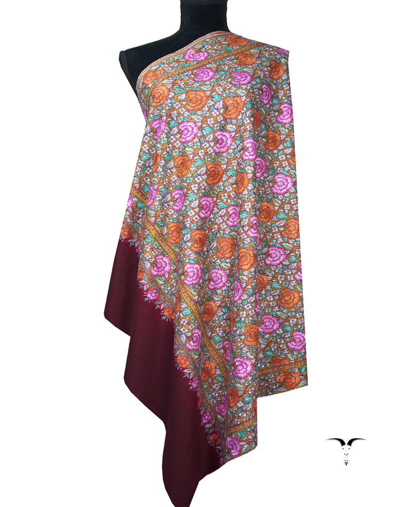 maroon gulabdaar jamma embroidery pashmina shawl 8893