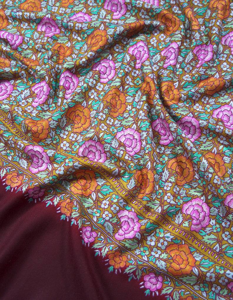 maroon gulabdaar jamma embroidery pashmina shawl 8893