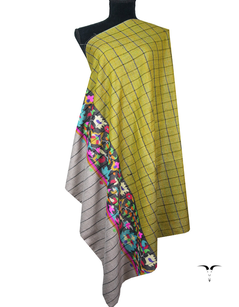 yellow and green reversible checked kani palla pashmina shawl 8917