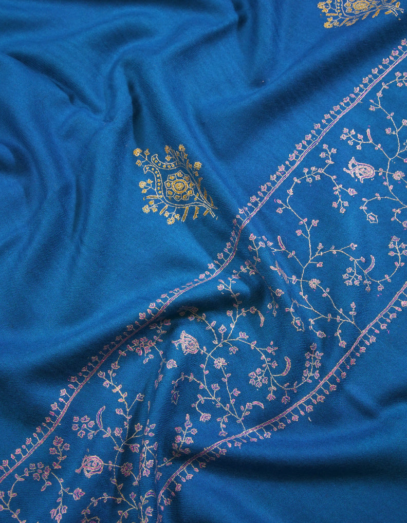 light prussian blue butis embroidery pashmina stole 8927