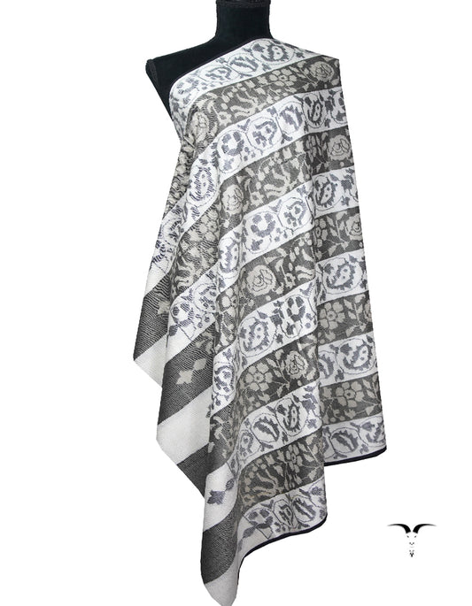 pure white and charcoal gray kani jamma pashmina shawl 8947