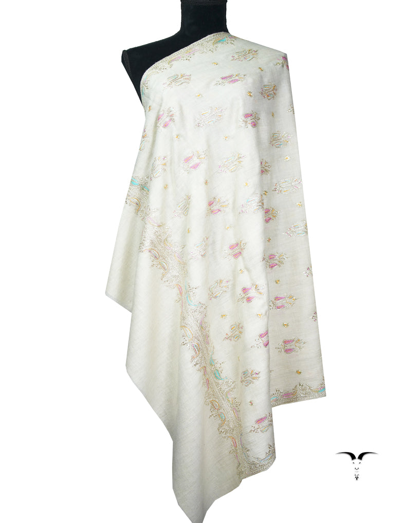 white tilla embroidery pashmina shawl 9039