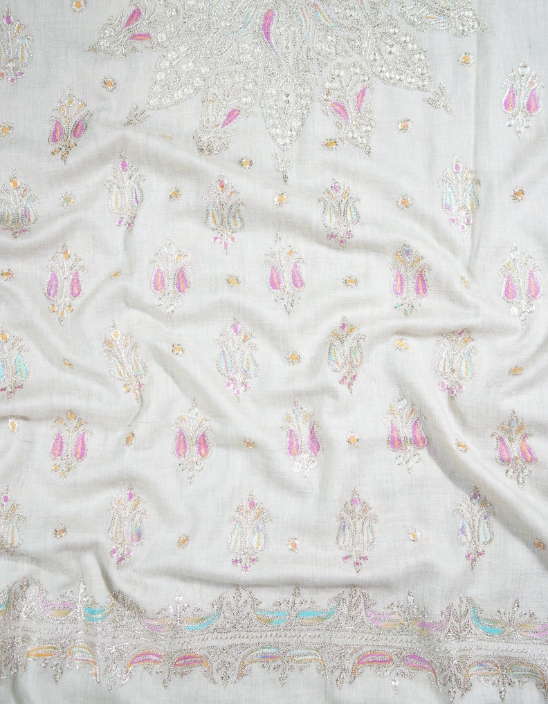 white tilla embroidery pashmina shawl 9039