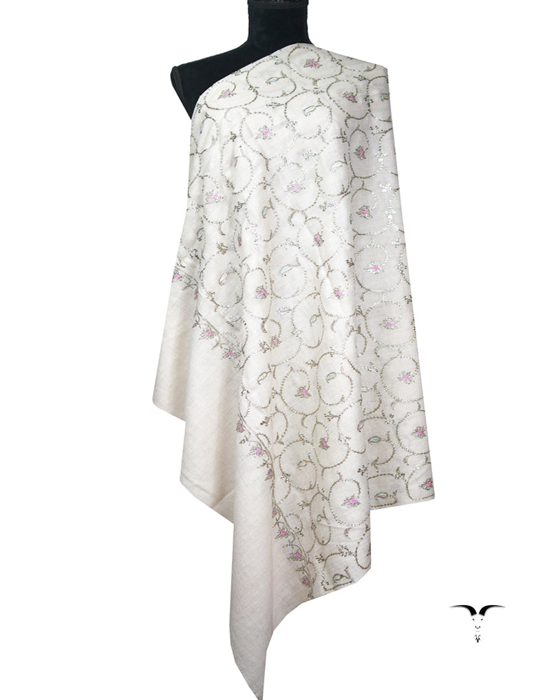 off-white tilla jaali embroidery pashmina shawl 9048