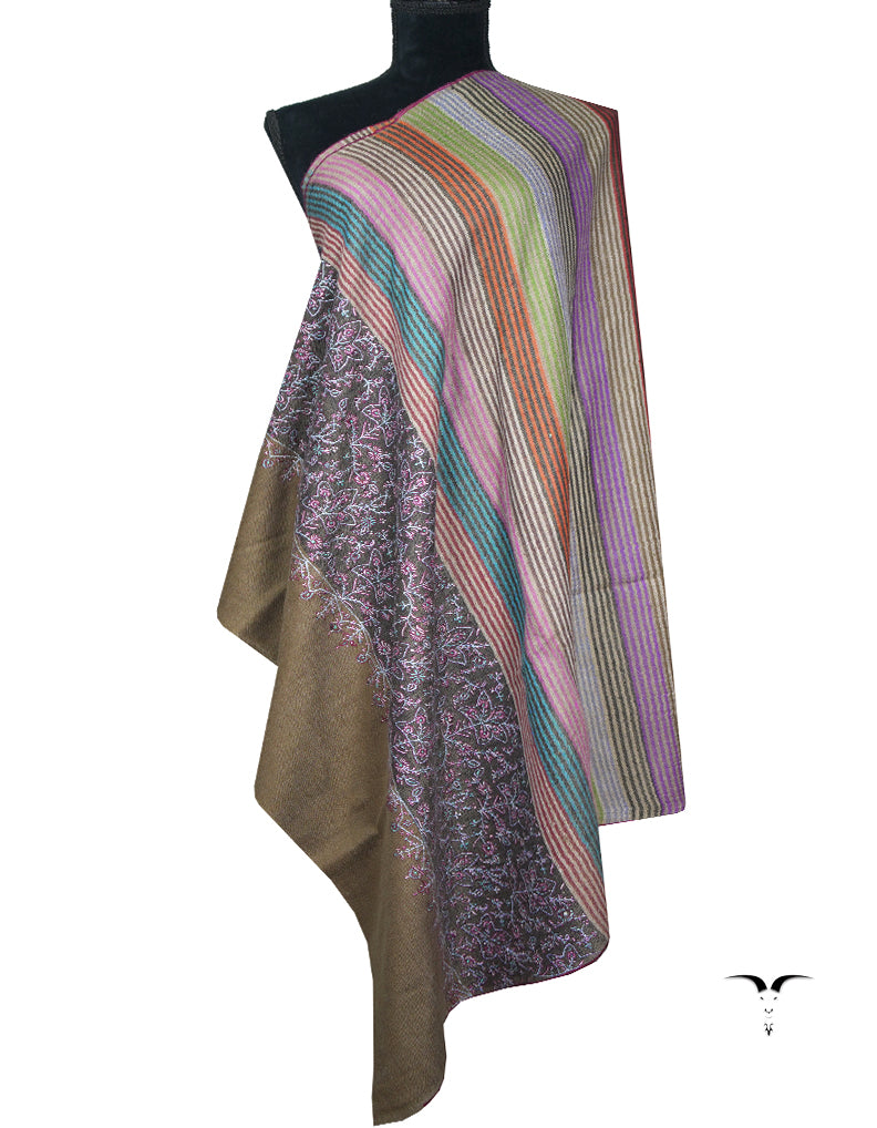 brown striped embroidery pashmina shawl 9054